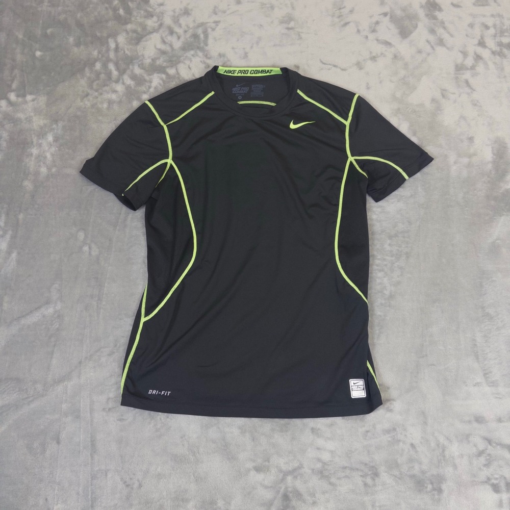 Nike Pro Combat Shirt Mens Medium Black Neon Green Dri-FIT Fitted Gym Training